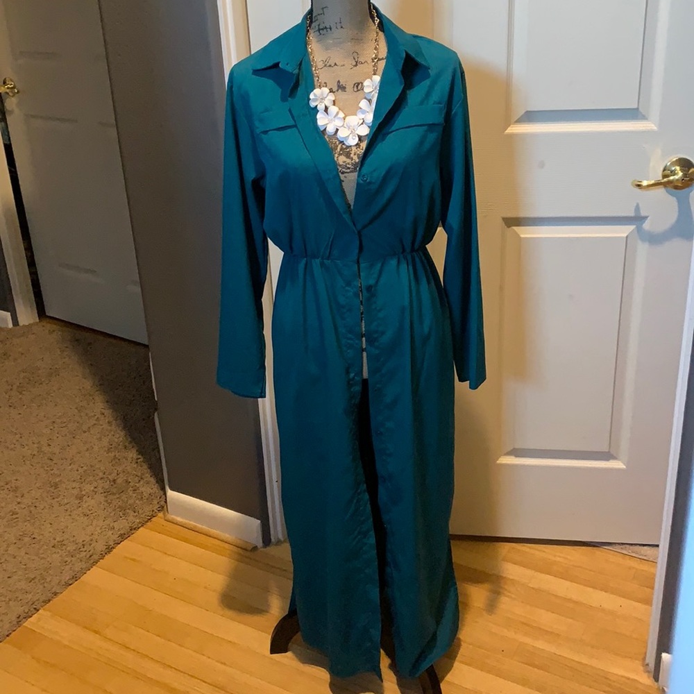 Blue-green long sleeve button up dress